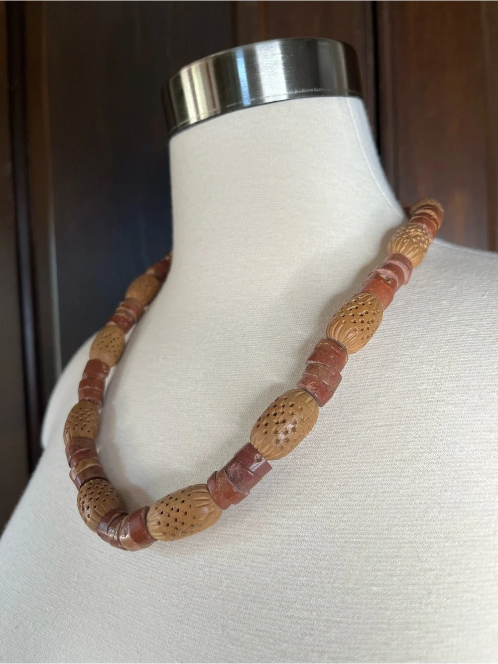Vintage Clay Bead Statement Necklace Chunky Unique Jewelry Tribal Earthy Boho